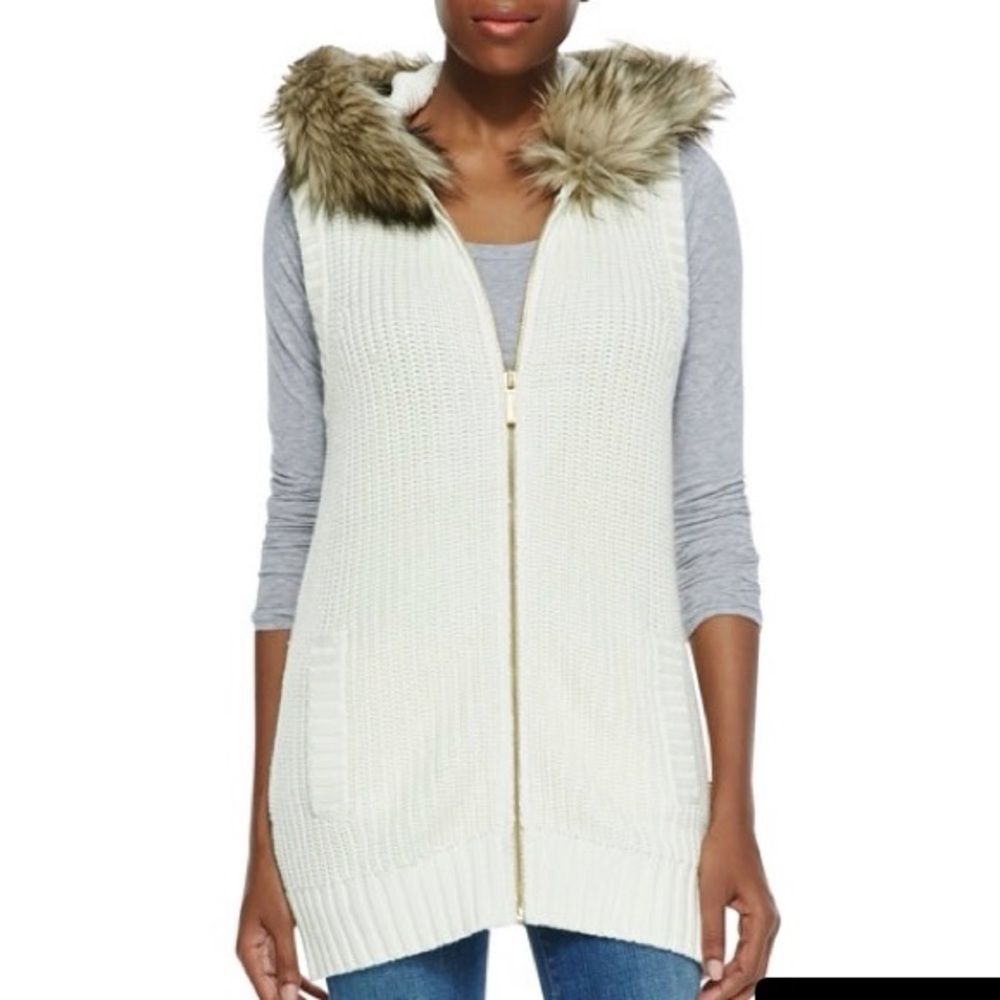 Michael Kors Cream Faux Fur Trim Knit Vest